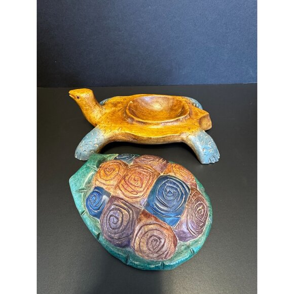 Hand-Carved & Painted Wooden Turtle Trinket Box Sea Ocean Beach Decor - Picture 14 of 16